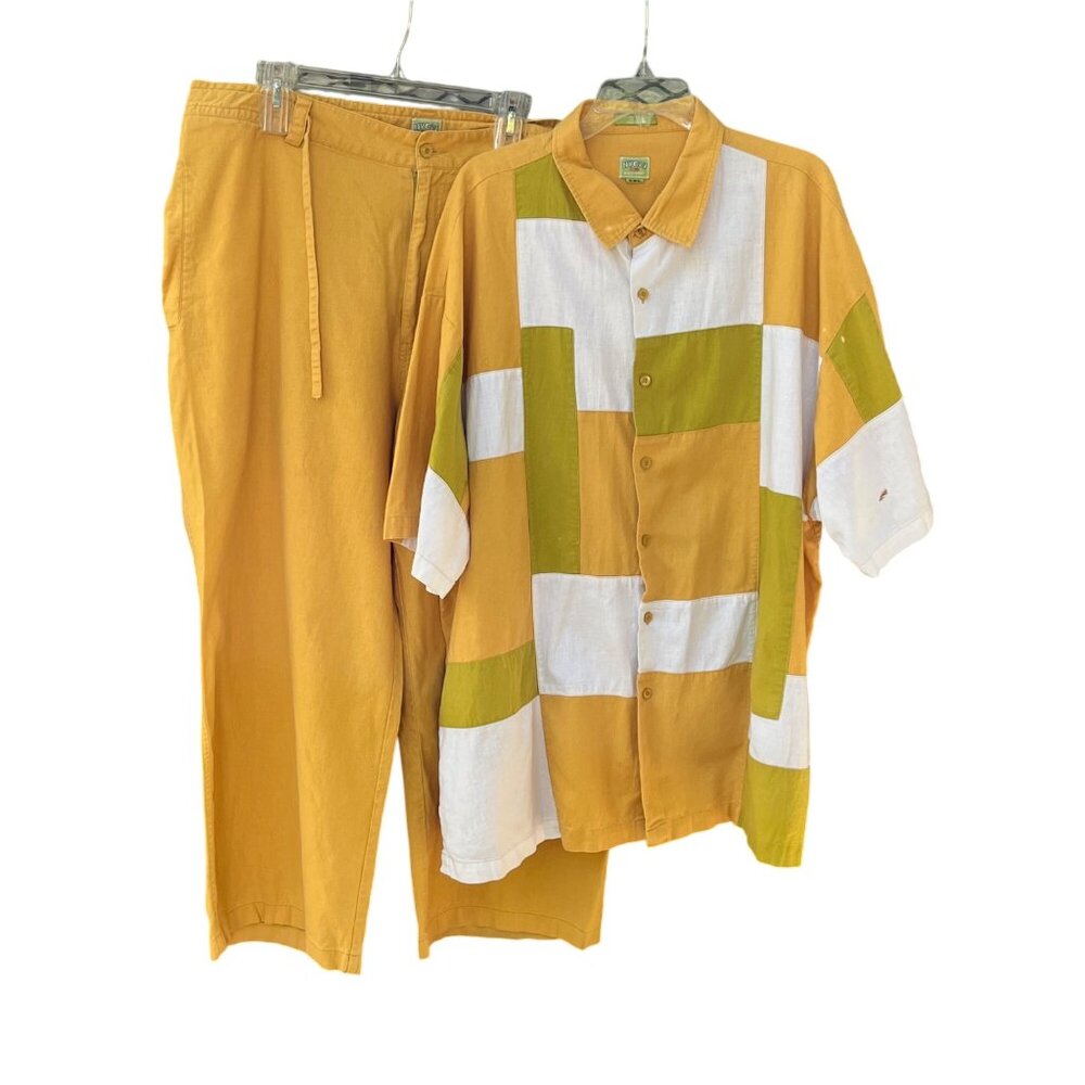 NYC74 Mens 2XL Patchwork Shirt & Pants Set Yellow Olive White Cotton Linen READ